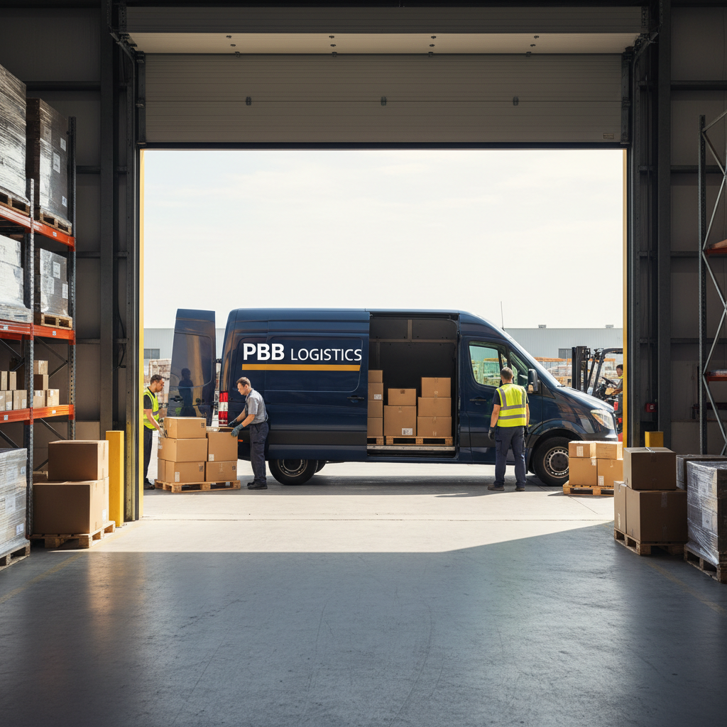 Warehouse view of PBB Logistics sprinter van being loaded at dock