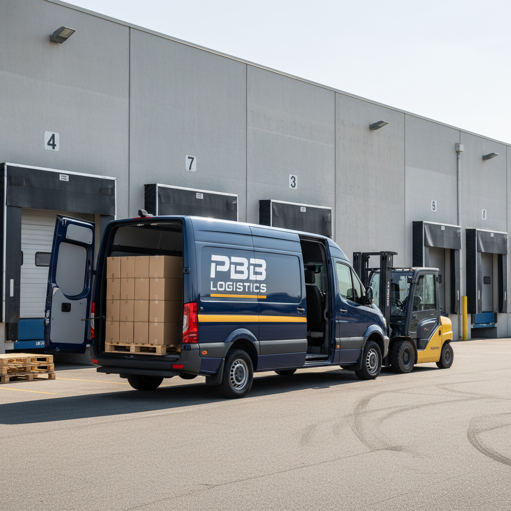 Forklift loading pallet of boxes into PBB Logistics sprinter van at warehouse